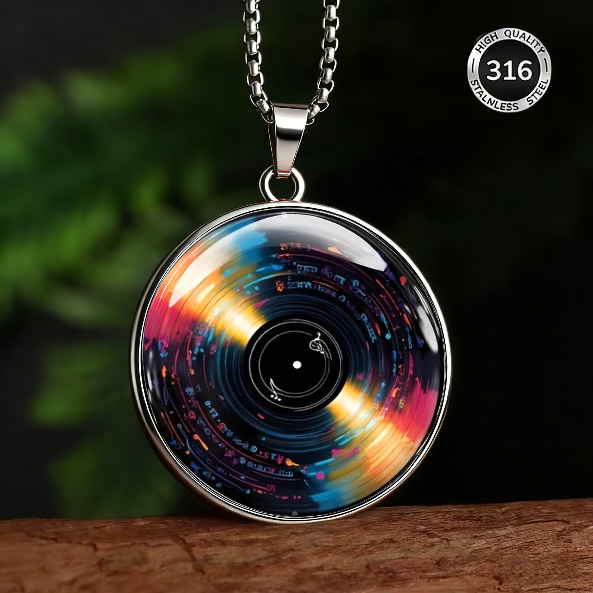 Colorful Vinyl Record Pattern Stainless Steel Necklace